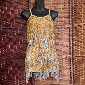 Sparkling Sequin Gold & Silver Fringe Dress - Spandex Liner